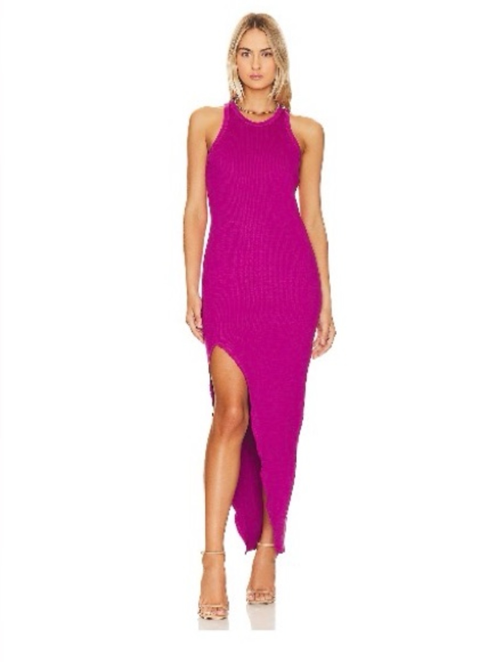 Lanston Asymmetrical Ribbed Midi Dress with High Side Slit in Cosmo Size Large